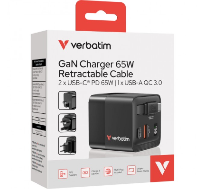 Verbatim Зарядний пристрій Verbatim GaN 65 W 2 ports (USB-C/1xUSB-A) (32217)