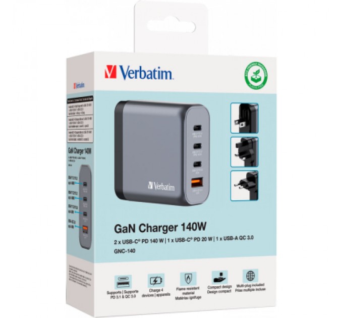 Verbatim Зарядний пристрій Verbatim GaN 140 W 4 ports (2xUSB-C-140 W,USB-C 20 W /USB-A -3.0) (32203)