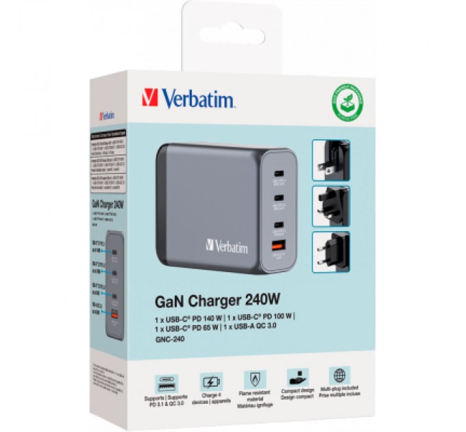 Verbatim Зарядний пристрій Verbatim GaN 240 W 4 ports (USB-C-140 W,USB-C-100 W,USB-C-65 W /USB-A -3.0) (32205)