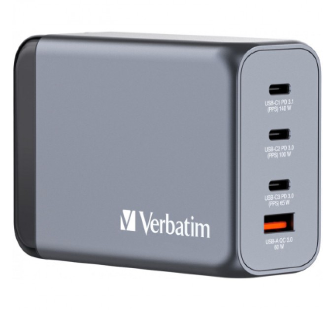 Verbatim Зарядний пристрій Verbatim GaN 240 W 4 ports (USB-C-140 W,USB-C-100 W,USB-C-65 W /USB-A -3.0) (32205)