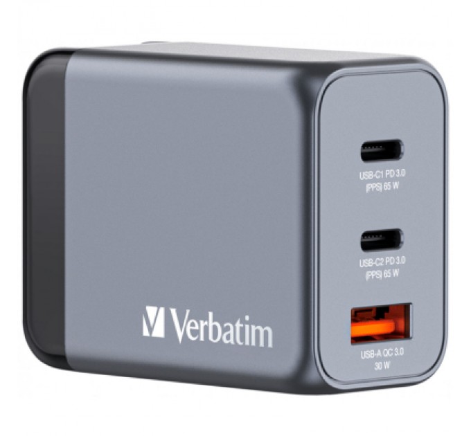 Verbatim Зарядний пристрій Verbatim GaN 65 W 3 ports (2xUSB-C-65 W /USB-A -3.0) (32201)