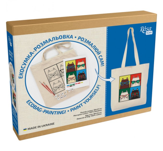 Rosa Набір для творчості Rosa Talent екосумка-розмальовка, Коти в окулярах, 38х42 см (4823098541189)