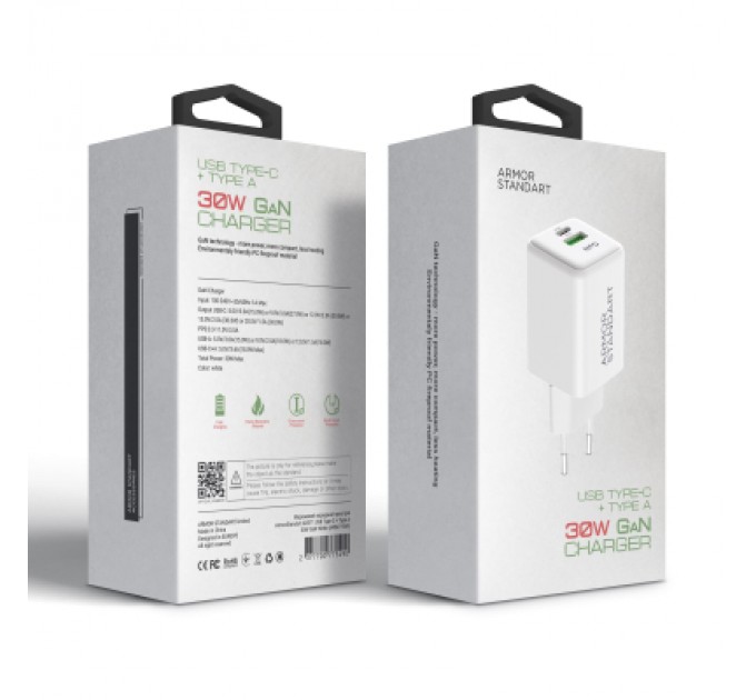 Armorstandart Зарядний пристрій Armorstandart AR371 30W GaN Type-C + USB White (ARM77549)
