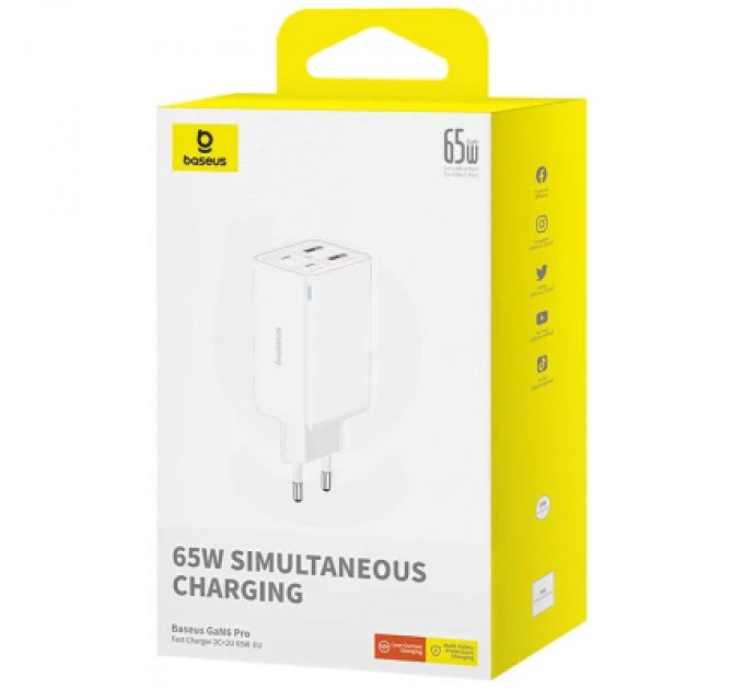 Baseus Зарядний пристрій Baseus GaN6 Pro Fast Charger 2C+2U 65W + Cable 1.0m Type-C 100W white (P10162701213-00)