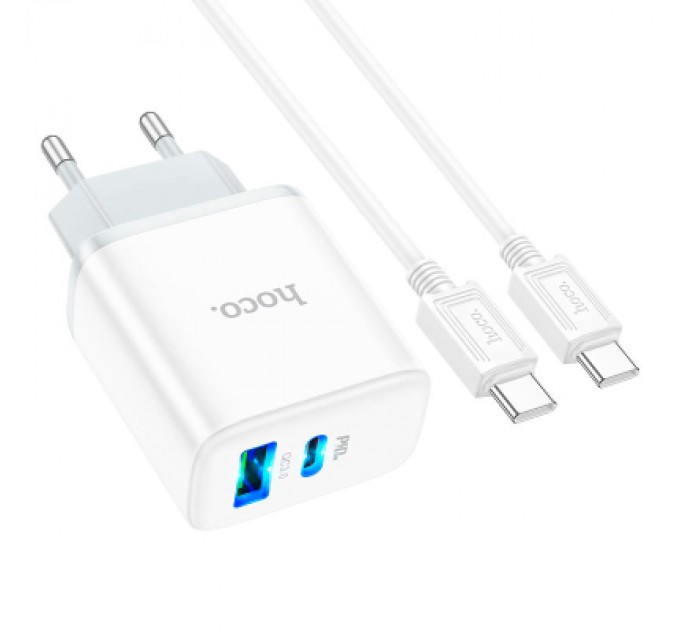 HOCO Зарядний пристрій HOCO C105A Stage 1xUSB-C PD20W + 1xUSB QC3.0 + cable USB-C to USB-C White (6931474782922)