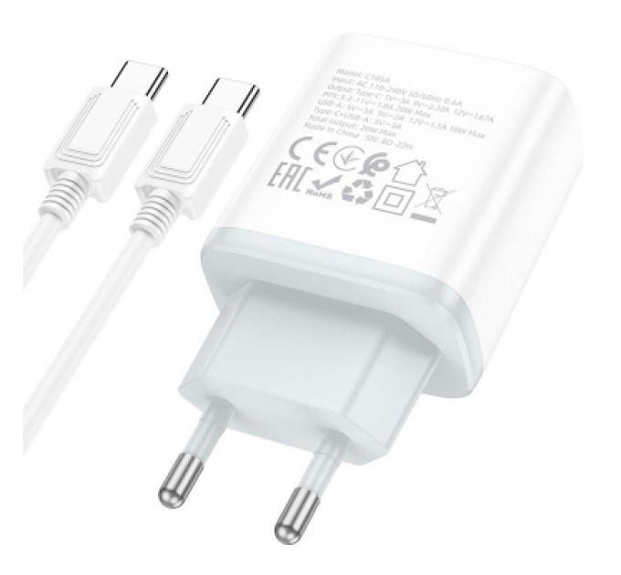 HOCO Зарядний пристрій HOCO C105A Stage 1xUSB-C PD20W + 1xUSB QC3.0 + cable USB-C to USB-C White (6931474782922)