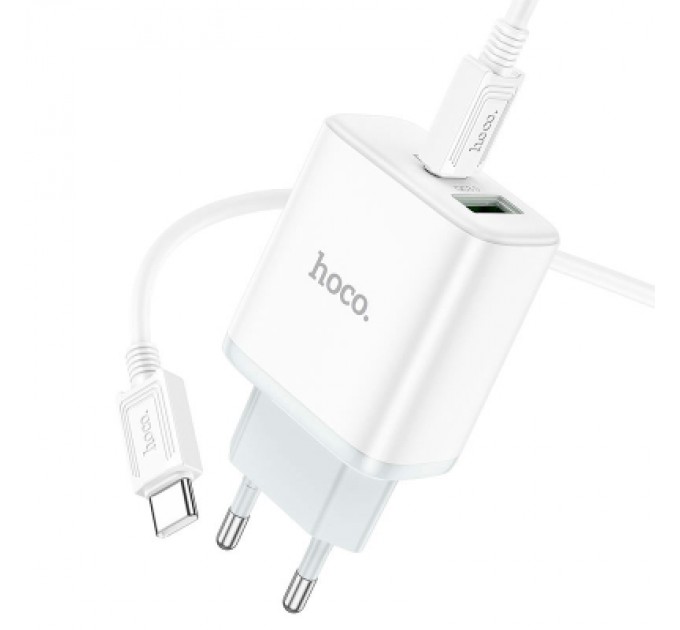 HOCO Зарядний пристрій HOCO C105A Stage 1xUSB-C PD20W + 1xUSB QC3.0 + cable USB-C to USB-C White (6931474782922)