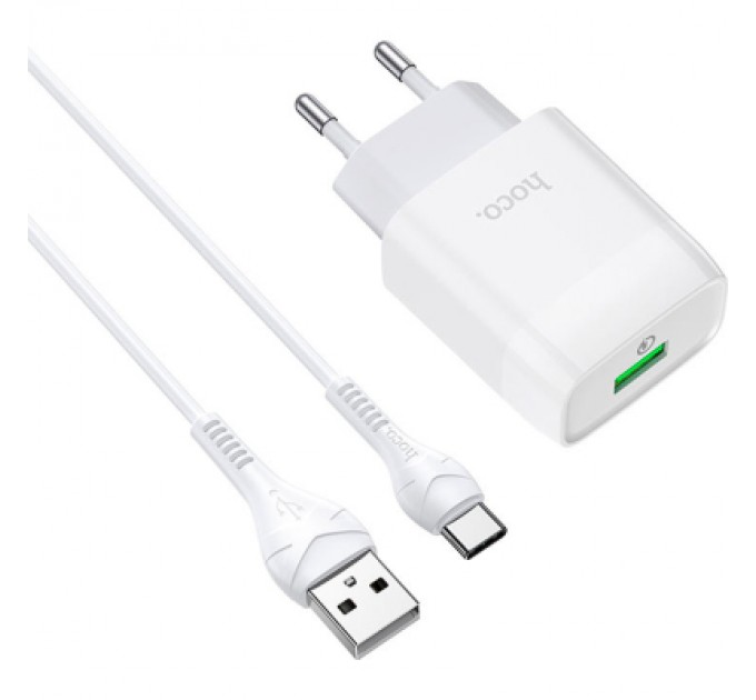 HOCO Зарядний пристрій HOCO C72Q Glorious USB QC3.0 + cable USB to USB-C 18W White (6931474732552)