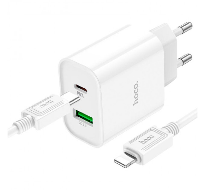 HOCO Зарядний пристрій HOCO C80A Plus Rapido 1xUSB-C PD20W + 1xUSB QC3.0 + cable USB-C to Lightning White (6931474779892)