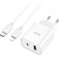 HOCO Зарядний пристрій HOCO C80A Plus Rapido 1xUSB-C PD20W + 1xUSB QC3.0 + cable USB-C to Lightning White (6931474779892)