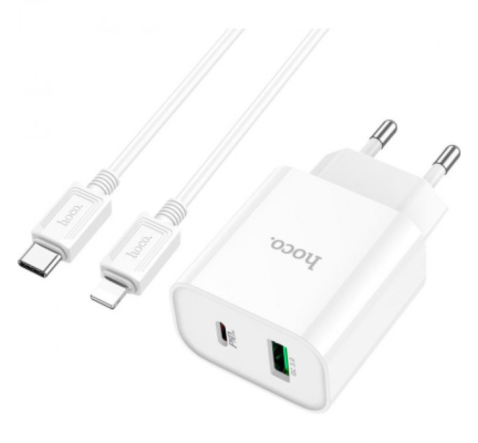 HOCO Зарядний пристрій HOCO C80A Plus Rapido 1xUSB-C PD20W + 1xUSB QC3.0 + cable USB-C to Lightning White (6931474779892)