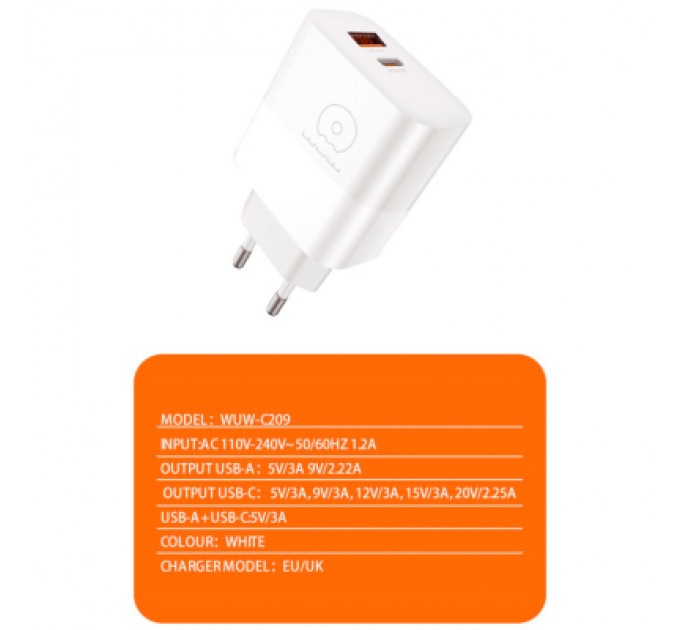 WUW Зарядний пристрій WUW C209 1xUSB-C PD45W + 1xUSB QC3.0 18W White (WUW-C209)