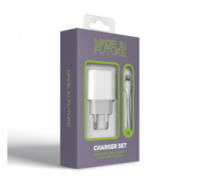 MadeInFuture Зарядний пристрій MadeInFuture MFS12 12W 1xUSB-A + 1xUSB-C + cable USB-A to Lightning White (MIF82823)