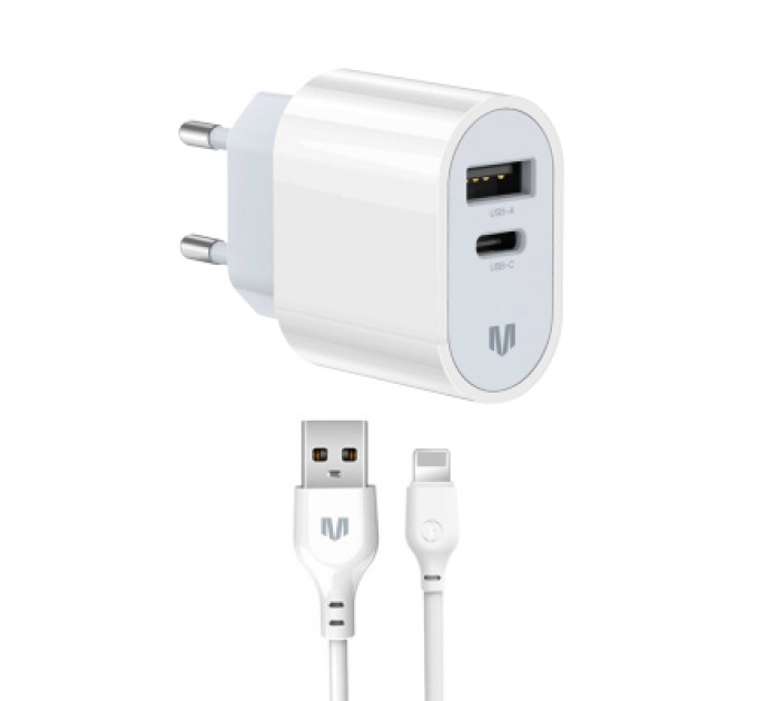 MadeInFuture Зарядний пристрій MadeInFuture MFS12 12W 1xUSB-A + 1xUSB-C + cable USB-A to Lightning White (MIF82823)
