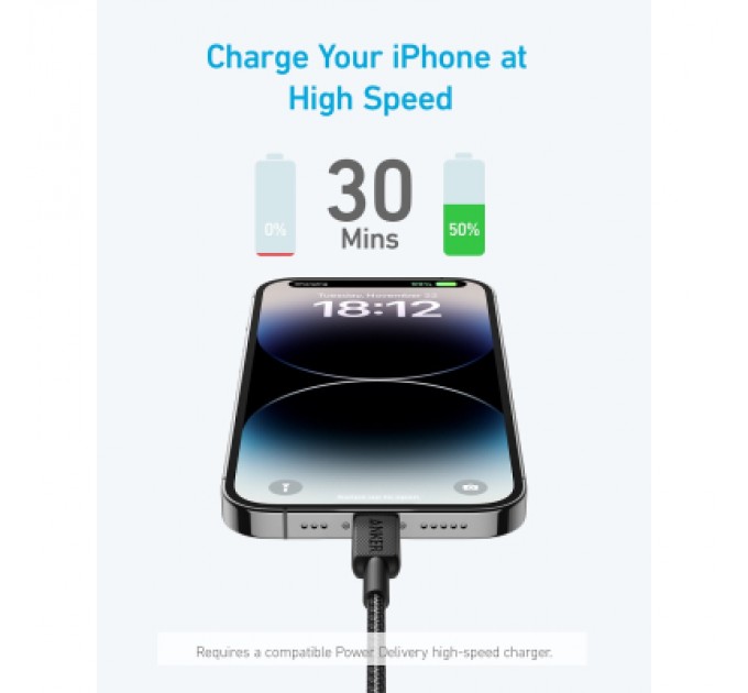 Anker Дата кабель USB-C to Lightning 1.8m nylon 322 black Anker (A81B6G11)