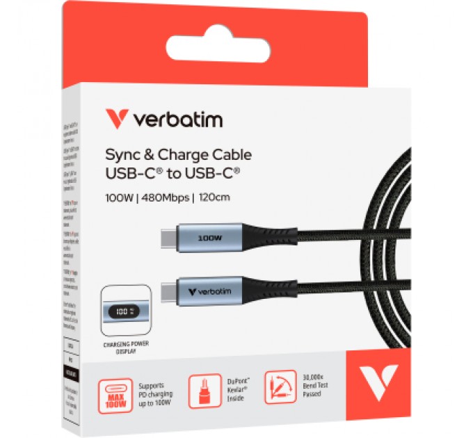Verbatim Дата кабель USB-C to USB-C 1.2m with display 100W black Verbatim (31848)