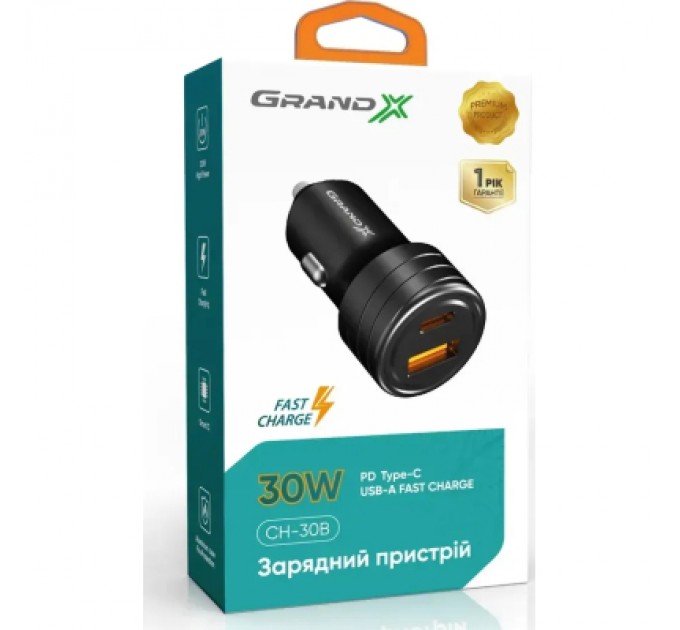 Grand-X Зарядний пристрій Grand-X CH-30B 30W 1xUSB + 1xUSB-C PD + QC3.0 AFC FCP SCP VOOC Black (CH-30B)