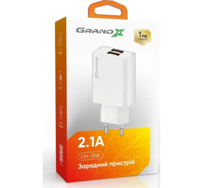 Grand-X Зарядний пристрій Grand-X CH-15W 2xUSB 10.5W Black (CH-15W)
