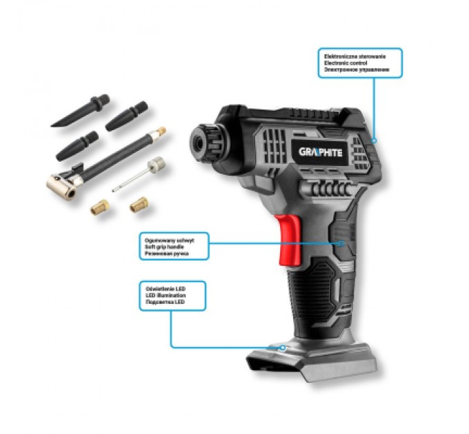Graphite Автомобільний компресор Graphite Energy+ 18V, 7бар (без АКБ та ЗП) (58G041)