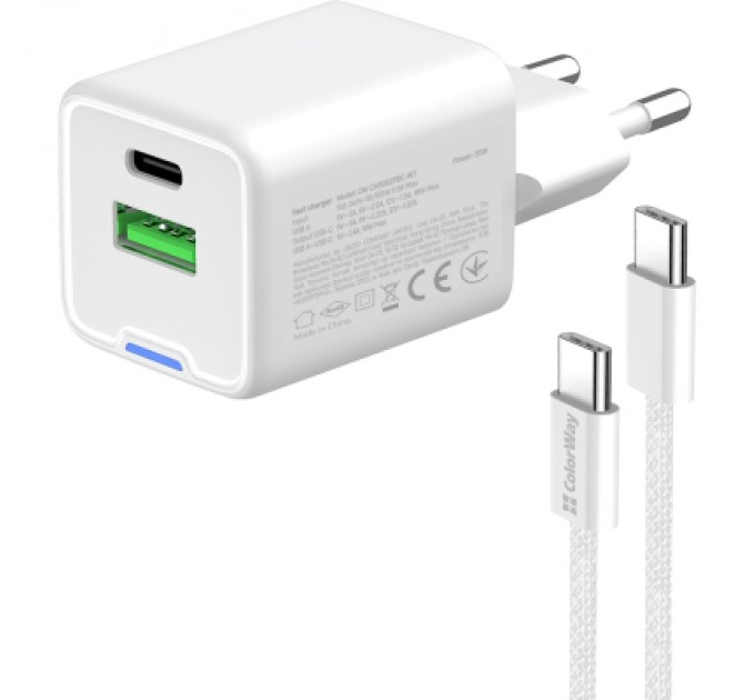 ColorWay Зарядний пристрій ColorWay C101A GaN Mini 20W PD PPS USB-C + USB-A QC4.0 + cable USB-C to USB-C black (CW-CHS062PDC-WT)