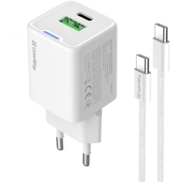 ColorWay Зарядний пристрій ColorWay C101A GaN Mini 20W PD PPS USB-C + USB-A QC4.0 + cable USB-C to USB-C black (CW-CHS062PDC-WT)