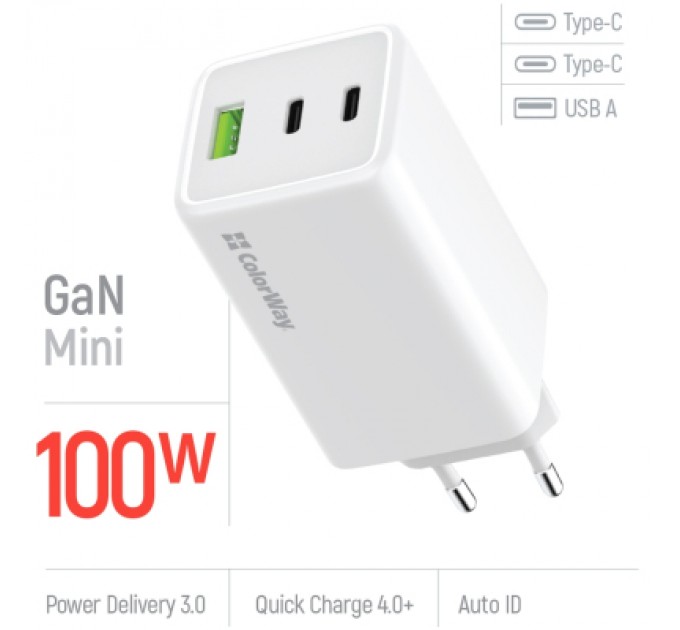 ColorWay Зарядний пристрій ColorWay C101B GaN Mini 100W PD PPS 2xUSB-C + USB-A white (CW-CHS061PD-WT)