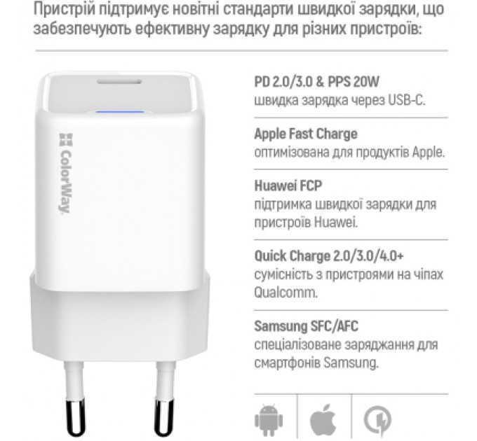 ColorWay Зарядний пристрій ColorWay C101C GaN Mini 20W PD PPS USB-C white (CW-CHS059PD-WT)