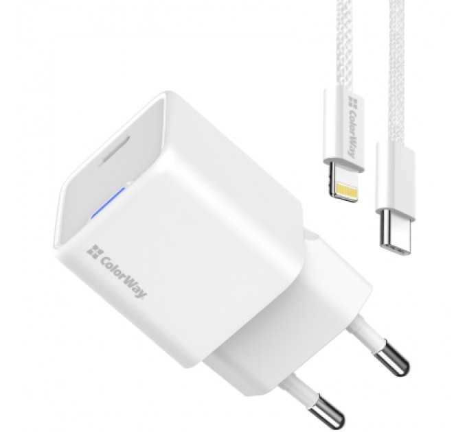 ColorWay Зарядний пристрій ColorWay C101D GaN Mini 20W PD PPS USB-C + cable USB-C to Lightning white (CW-CHS059PDL-WT)