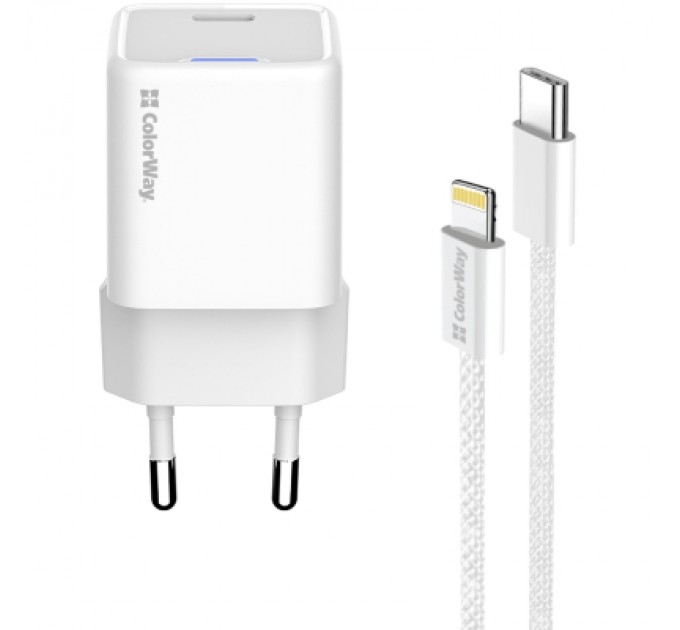 ColorWay Зарядний пристрій ColorWay C101D GaN Mini 20W PD PPS USB-C + cable USB-C to Lightning white (CW-CHS059PDL-WT)