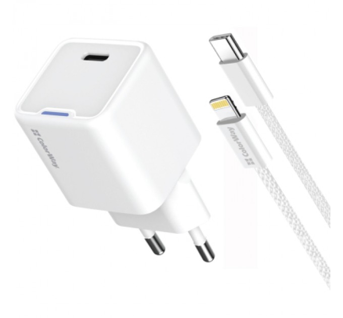 ColorWay Зарядний пристрій ColorWay C101D GaN Mini 20W PD PPS USB-C + cable USB-C to Lightning white (CW-CHS059PDL-WT)