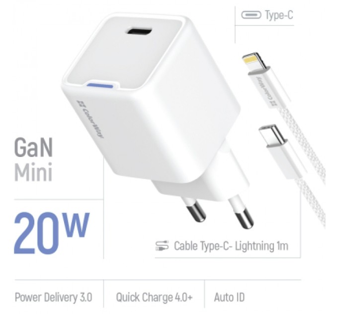 ColorWay Зарядний пристрій ColorWay C101D GaN Mini 20W PD PPS USB-C + cable USB-C to Lightning white (CW-CHS059PDL-WT)