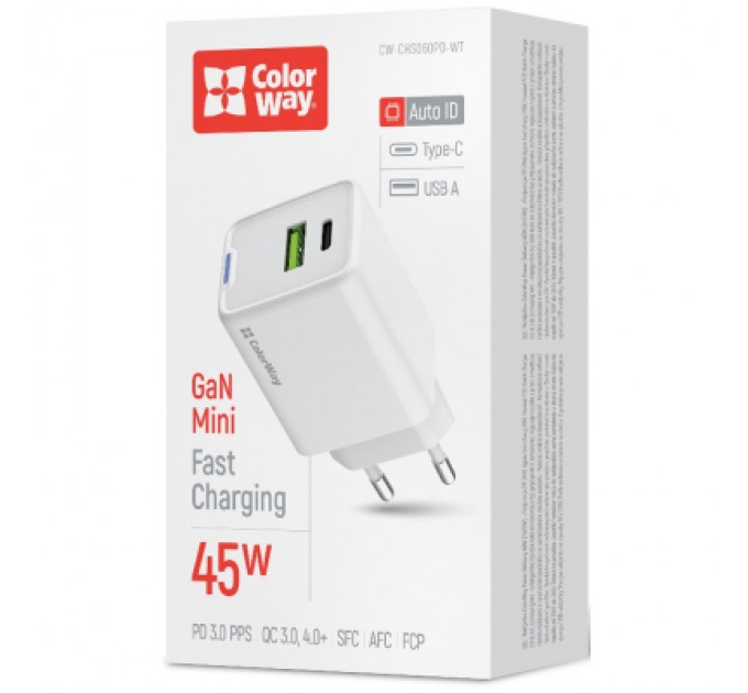 ColorWay Зарядний пристрій ColorWay C101E GaN Mini 45W PD PPS USB-C + USB-A QC4.0 white (CW-CHS060PD-WT)