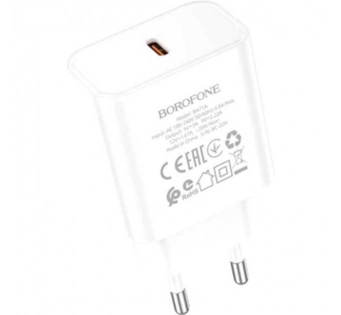 BOROFONE Зарядний пристрій BOROFONE BA71A USB-C PD20W white (6974443387964)
