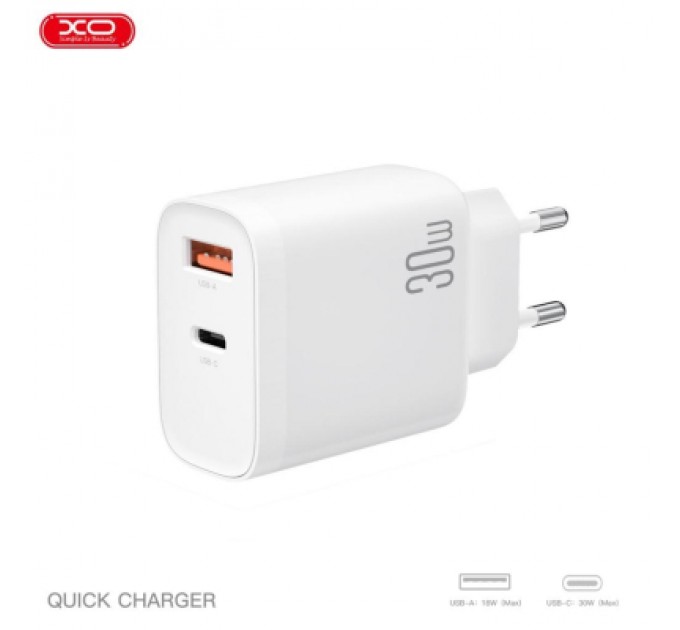 XO Зарядний пристрій XO 1xUSB-C PD30W + 1xUSB QC3.0 (XO-QC16)