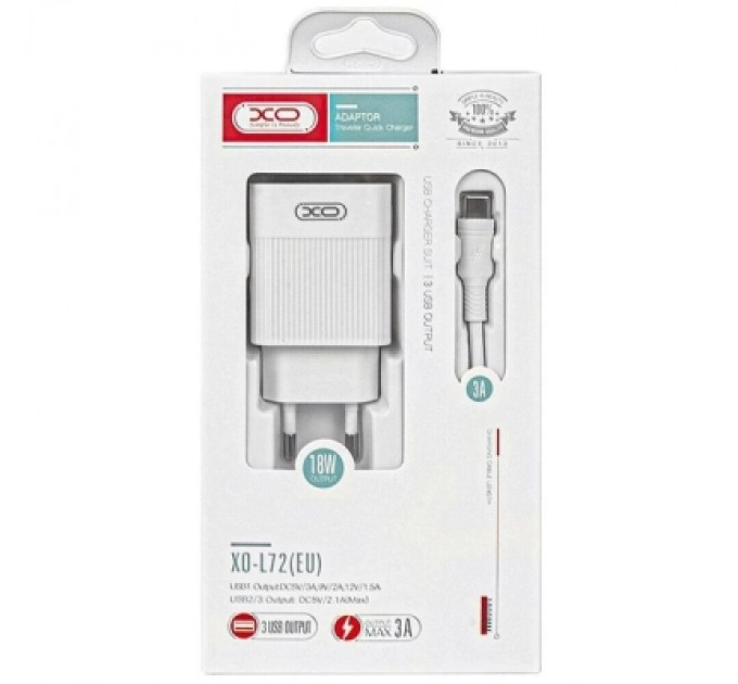 XO Зарядний пристрій XO 1xUSB QC3.0 18W + 2xUSB 2.4A + cable USB-C white (L72-TC-WH)