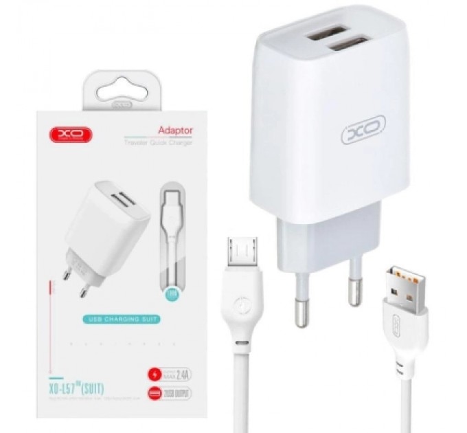 XO Зарядний пристрій XO 2xUSB 2.4A + cable USB to Micro 5P white (L57-M-WH)