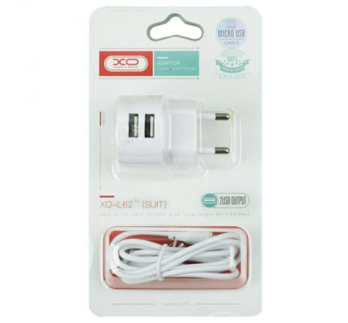 XO Зарядний пристрій XO 2xUSB 2.4A + cable USB to Micro 5P white (L62-M-WH)