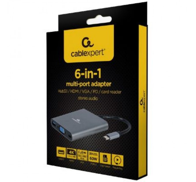 Cablexpert Концентратор Cablexpert USB-C 6-in-1 (Hub3.1/HDMI/VGA/PD/card-reader/audio) (A-CM-COMBO6-01)