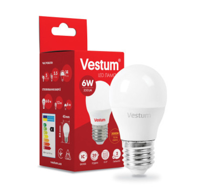 Vestum Лампочка Vestum G45 6W 3000K 220V E27 (1-VS-1202)