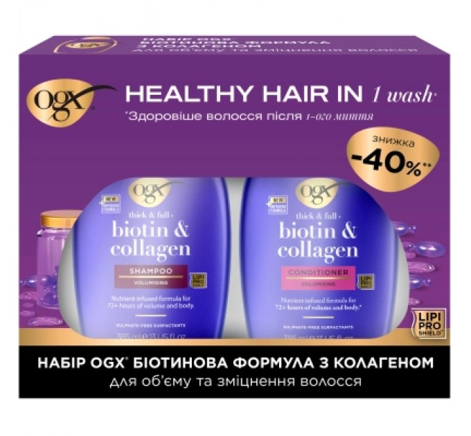 OGX Набір косметики OGX Біотинова формула з колагеном для об'єму та зміцнення волосся Шампунь + Кондиціонер (3574661864952)