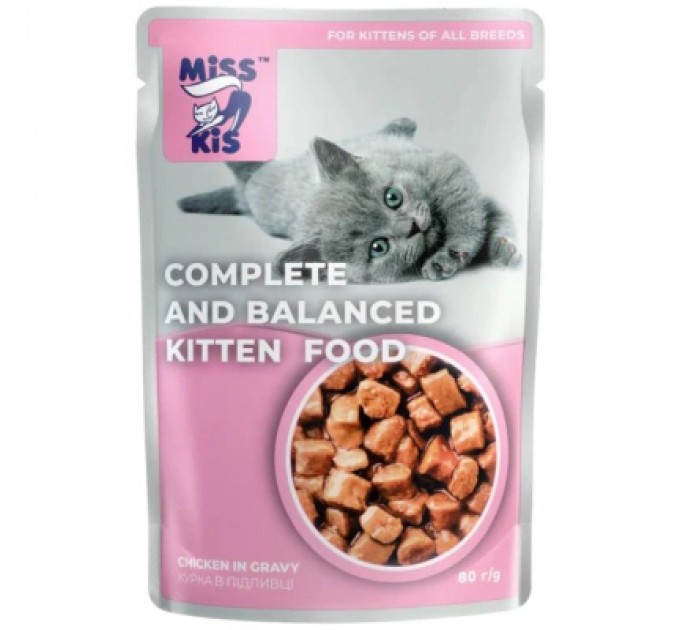 Mis Kiss Вологий корм для кішок Mis Kiss для кошенят курка у підливці 80 г (4820111141425)