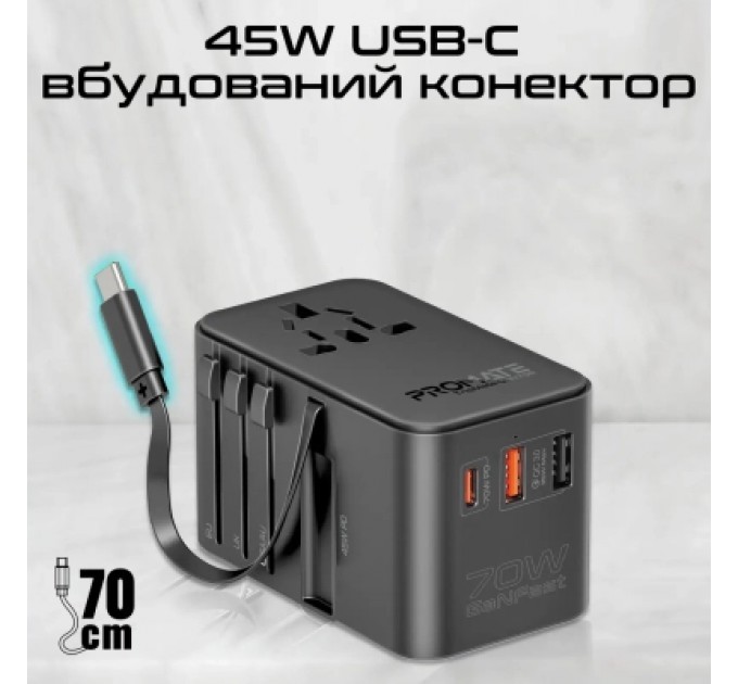 Promate Зарядний пристрій Promate tripmate-gan70r