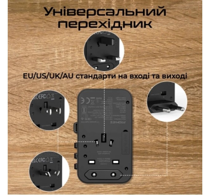 Promate Зарядний пристрій Promate tripmate-gan70r
