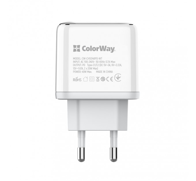 ColorWay Мережевий зарядний пристрій ColorWay Power Delivery Port PPS USB (Type-C PD + Type-C PD) (40W) White (CW-CHS048PD-WT)