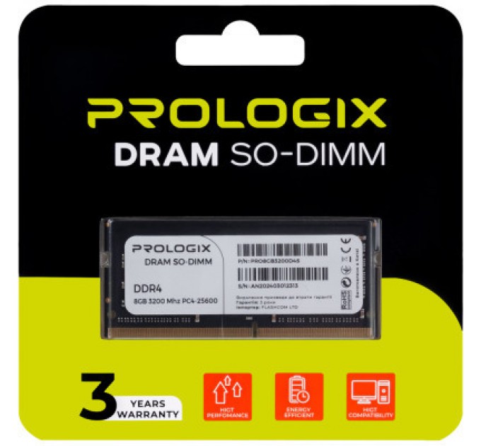 Prologix Модуль пам'яті для ноутбука SoDIMM DDR4 8GB 3200 MHz Prologix (PRO8GB3200D4S)