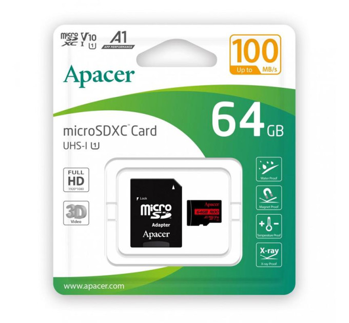 Apacer Карта пам'яті Apacer 64GB microSD class 10 UHS-I V10 A1 (AP64GMCSX10UB-R)