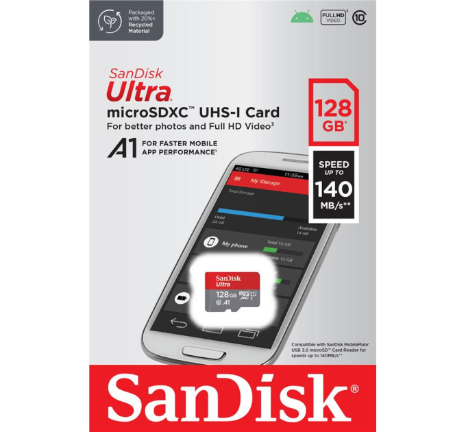 SanDisk Карта пам'яті SanDisk 128GB microSD class 10 UHS-I A1 Ultra (SDSQUAB-128G-GN6MN)