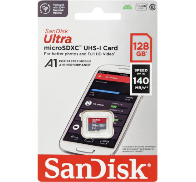 SanDisk Карта пам'яті SanDisk 128GB microSD class 10 UHS-I A1 Ultra (SDSQUAB-128G-GN6MN)