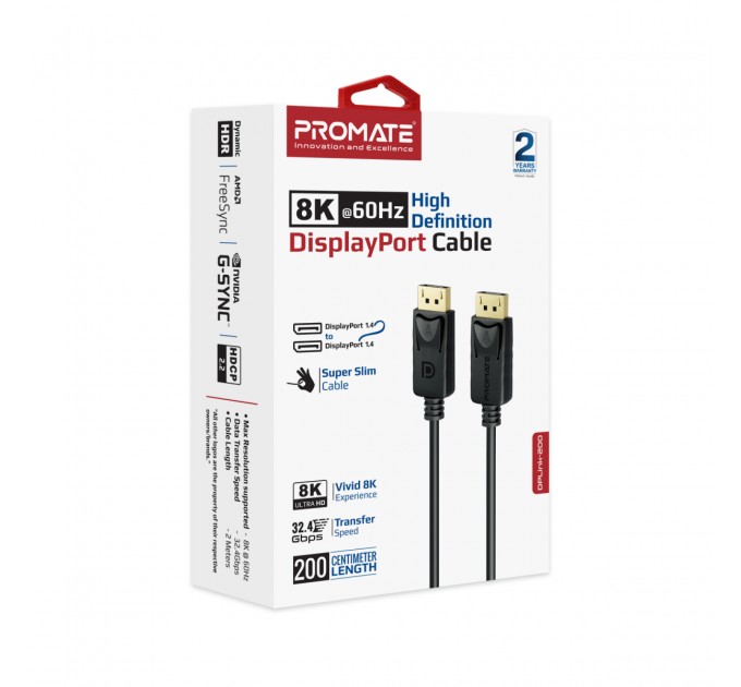 Promate Кабель Promate DisplayPort - DisplayPort V 1.4 (M/M), 2 м, DPLink-200 Black