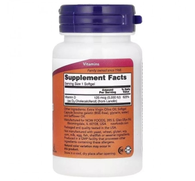 Now Foods Вітамінно-мінеральний комплекс Now Foods Вітамін D3, 5000 МО, високої ефективності, Vitamin D-3, High Potency, (NF0374)
